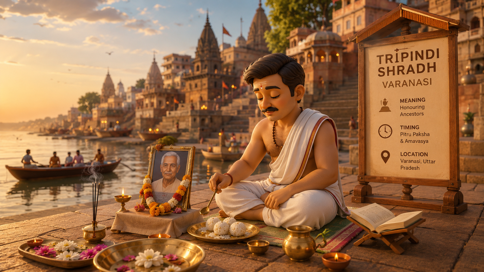 Tripindi Shradh ritual with Vedic priest at a holy Ganga ghat in Varanasi