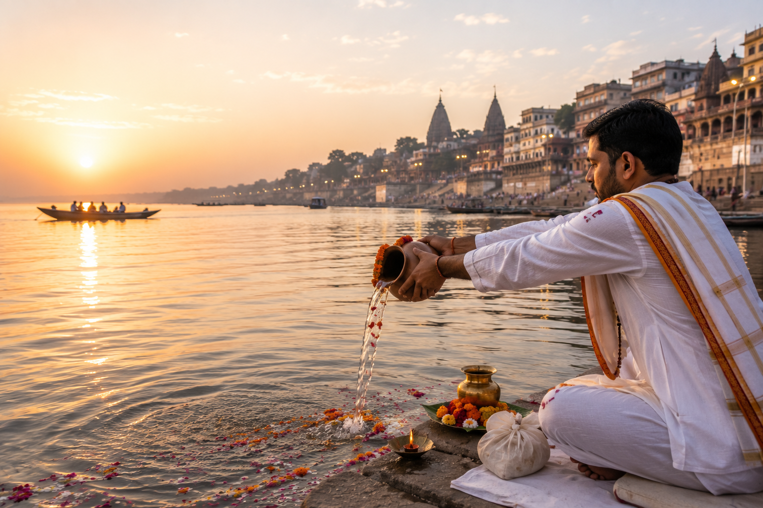 Asthi Visarjan ritual at holy Ganga ghat Varanasi Kashi